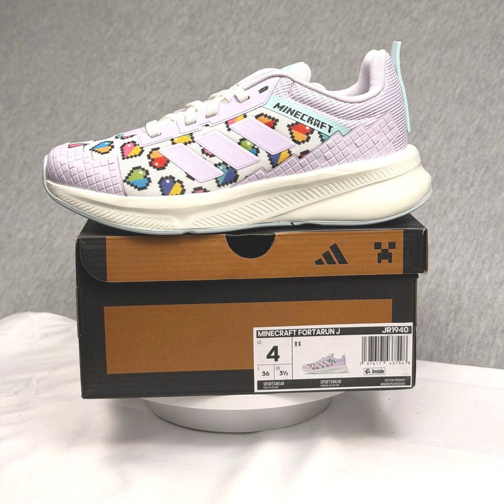 Adidas Minecraft Fortarun J Kids Sneakers Lavender Pixel Heart JR1940 Size 4Y